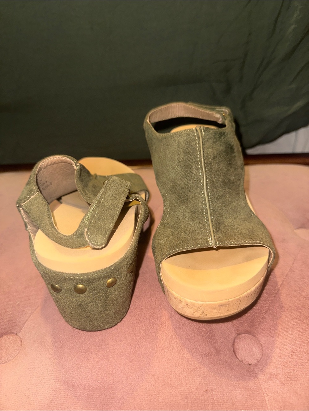 Olive Suede Open-Toe Platform Wedge Sandals